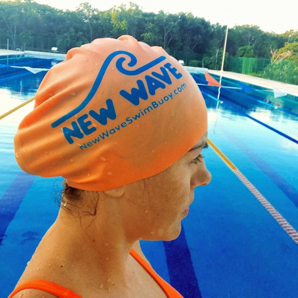 Swim Cap Orange - New Wave Silicone Swim Cap best open water swim buoy